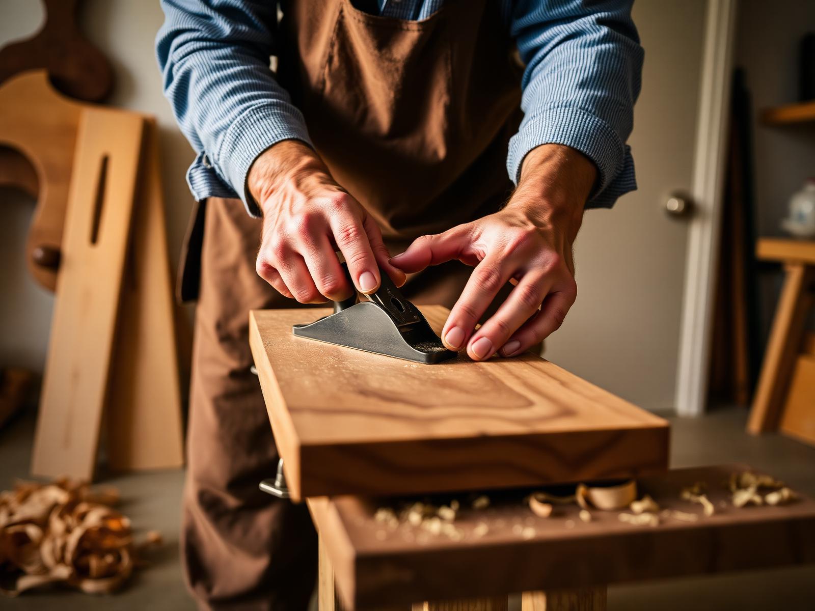 Cabinetmaker hand-planing a walnut board