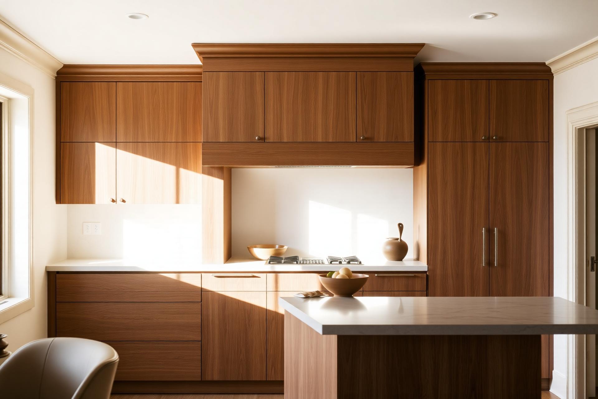 Custom walnut kitchen cabinetry with morning light